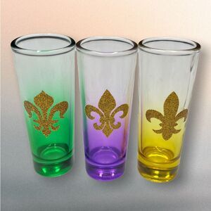 Set of 3 Shot Glasses 2-Ounce each Fleur De Lis Green, Purple, Yellow